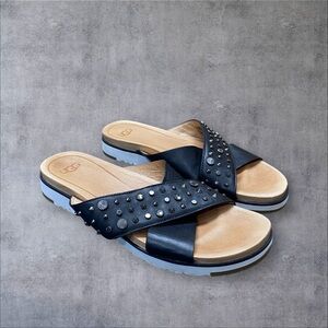 UGG Kari Studded Bling Crystal Black Leather Sandals Size 9.5
